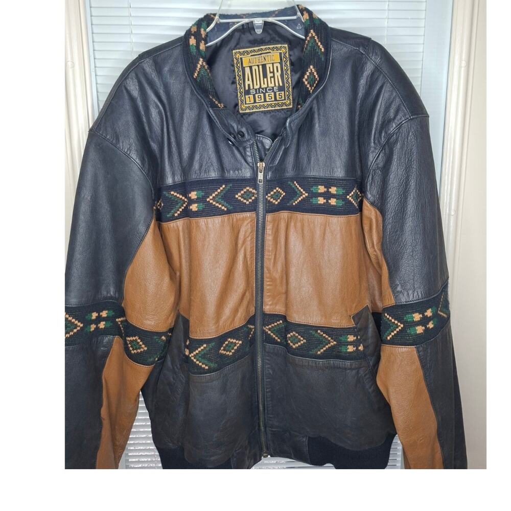 Adler Mens Leather Jacket Southwest Aztec Vintage Bomber Medium